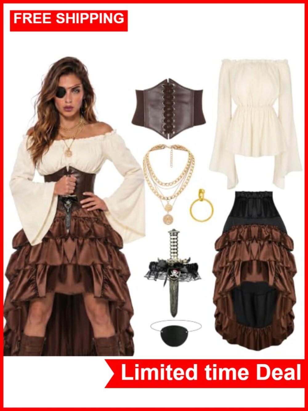 Pirate Costume Women Renaissance Corset Steampunk Skirt Top Halloween